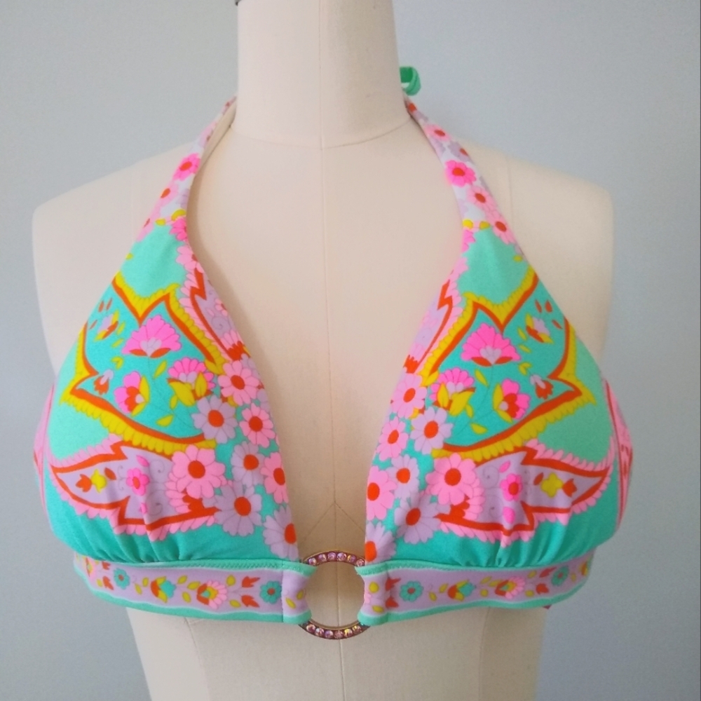 Victoria's Secret Mod Paisley Floral Bikini Top Rhinestone Accent Med.